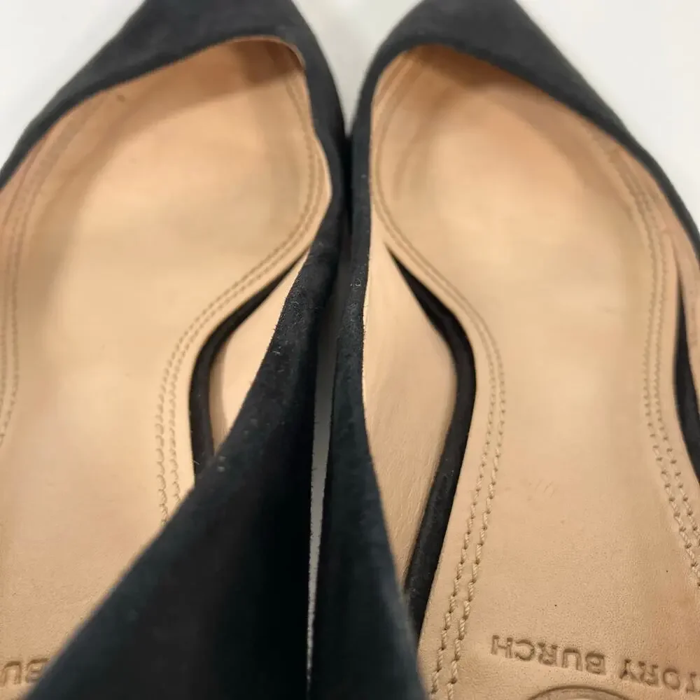 Tory Burch Sz 9 Greenwich Black Suede Kitten Heels Pointed Toe Logo Heel